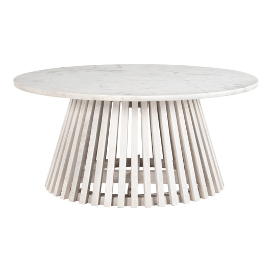 32" White and Natural Genuine Marble and Solid Wood Round Drum Coffee Table - Loft&Timber