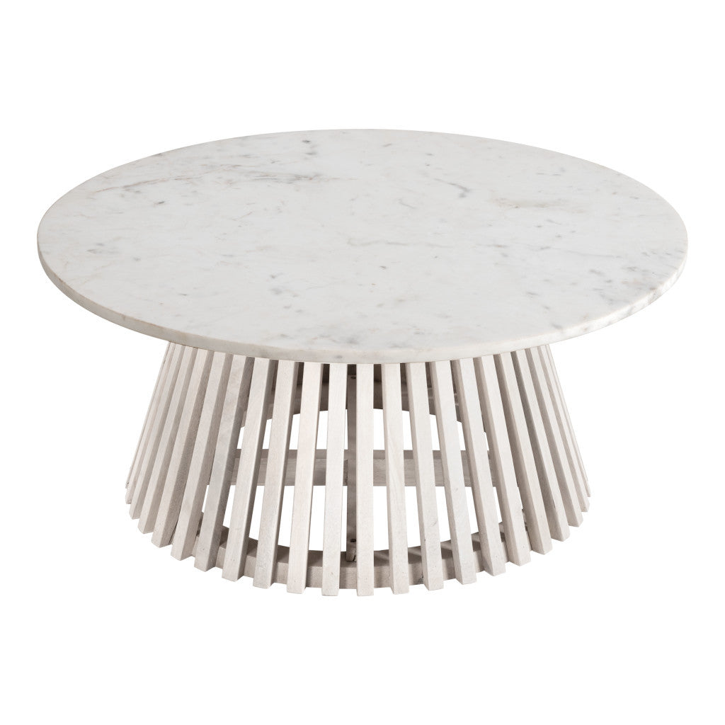 32" White and Natural Genuine Marble and Solid Wood Round Drum Coffee Table - Loft&Timber