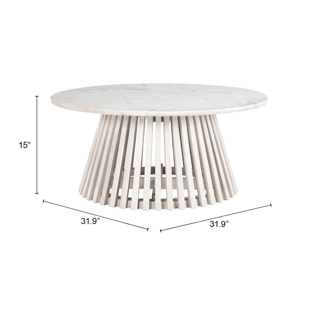 32" White and Natural Genuine Marble and Solid Wood Round Drum Coffee Table - Loft&Timber