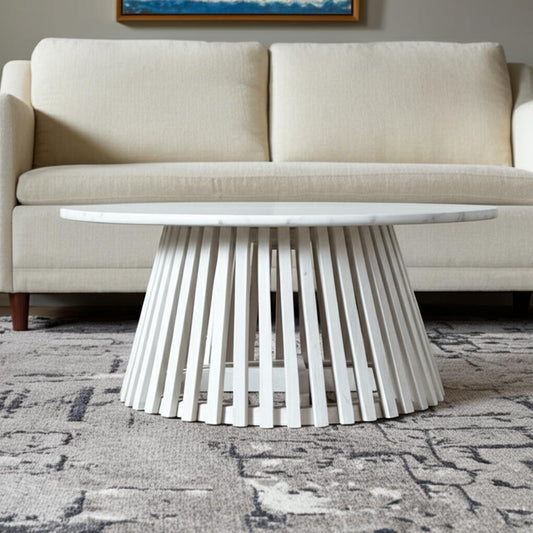 32" White and Natural Genuine Marble and Solid Wood Round Drum Coffee Table - Loft&Timber