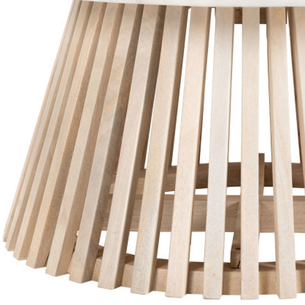 32" White and Natural Genuine Marble and Solid Wood Round Drum Coffee Table - Loft&Timber