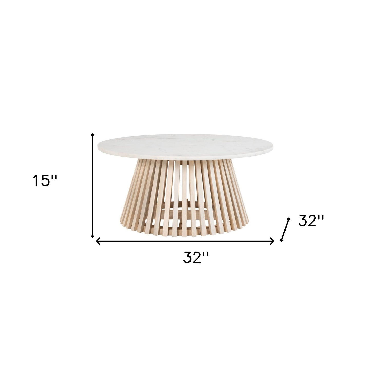 32" White and Natural Genuine Marble and Solid Wood Round Drum Coffee Table - Loft&Timber