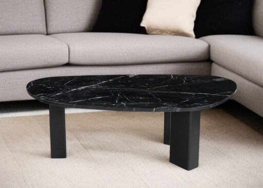 54" Black Genuine Marble and Wood Free Form Coffee Table - Loft&Timber