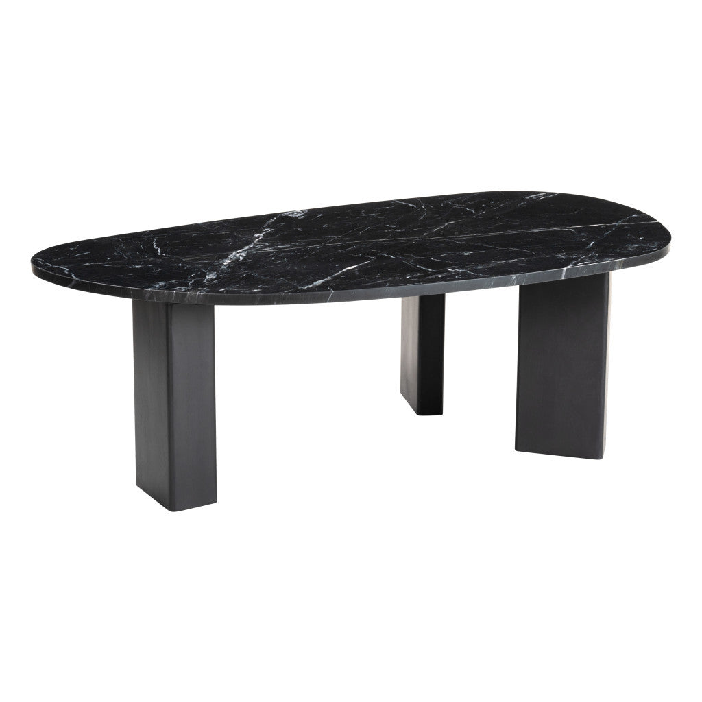 54" Black Genuine Marble and Wood Free Form Coffee Table - Loft&Timber