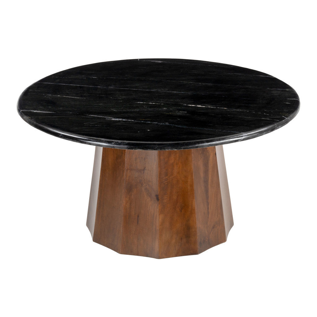 35" Black and Walnut Genuine Marble and Solid Wood Round Pedestal Coffee Table - Loft&Timber