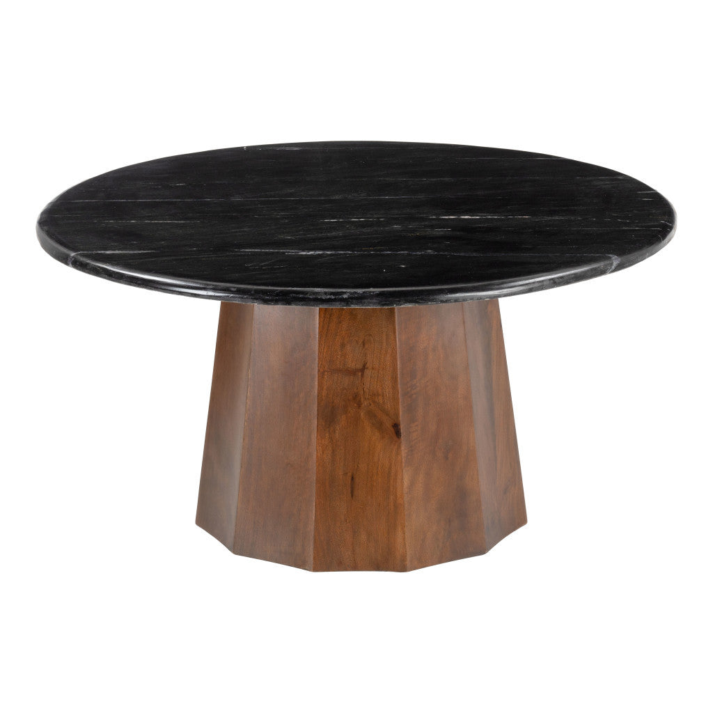 35" Black and Walnut Genuine Marble and Solid Wood Round Pedestal Coffee Table - Loft&Timber