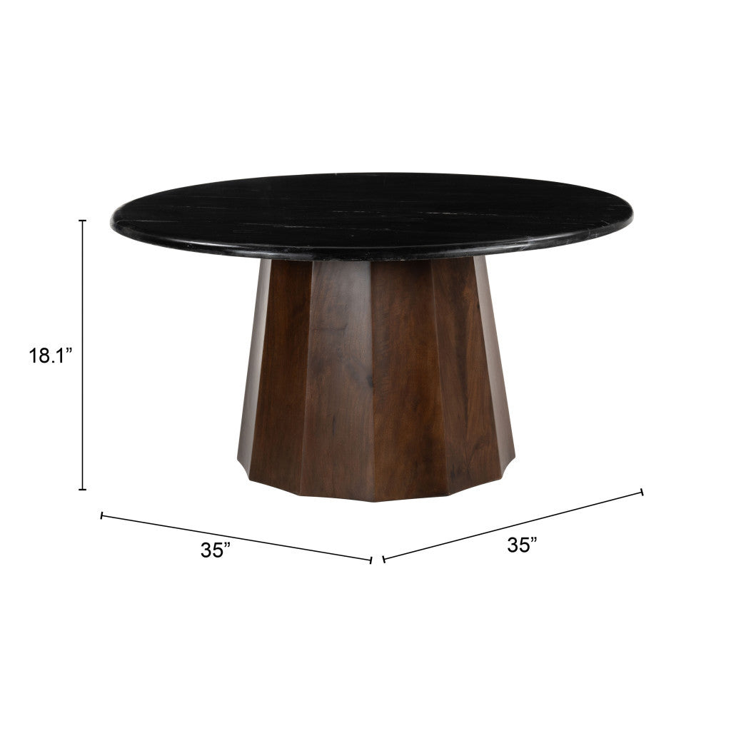 35" Black and Walnut Genuine Marble and Solid Wood Round Pedestal Coffee Table - Loft&Timber