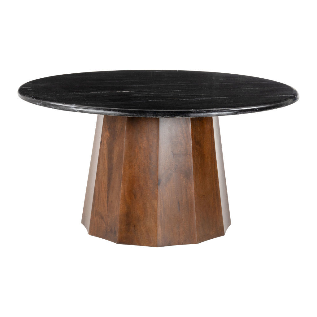 35" Black and Walnut Genuine Marble and Solid Wood Round Pedestal Coffee Table - Loft&Timber