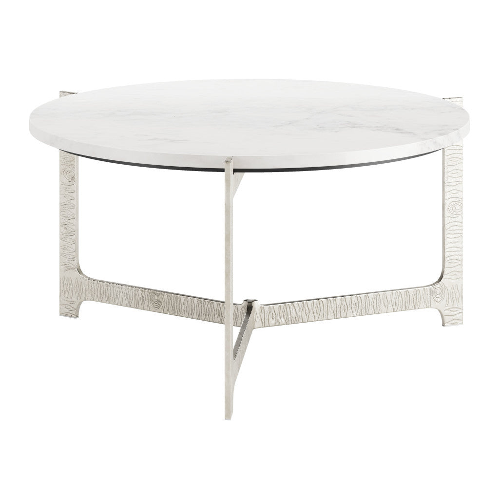 30" White and Silver Genuine Marble and Aluminum Round Cross Legs Coffee Table - Loft&Timber