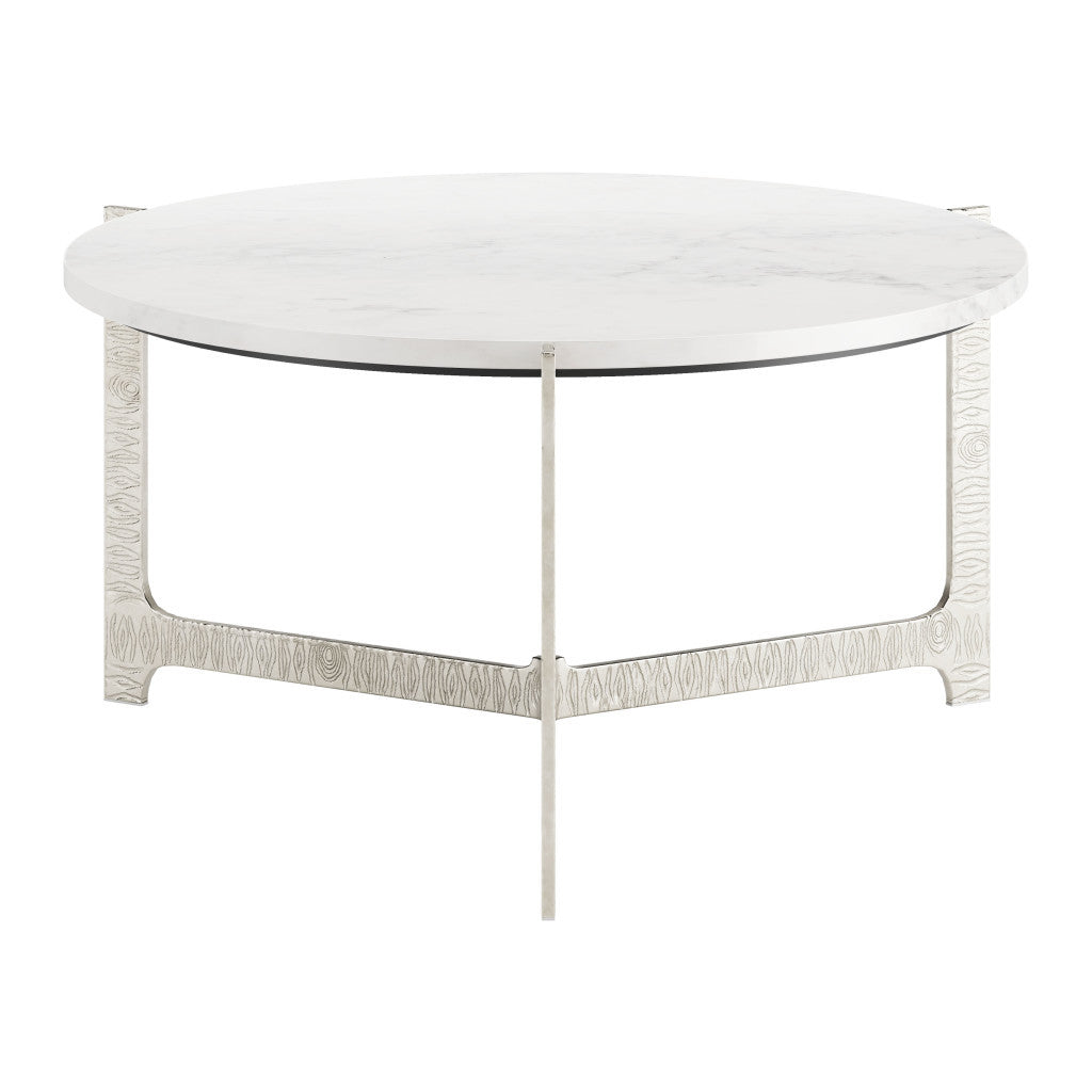 30" White and Silver Genuine Marble and Aluminum Round Cross Legs Coffee Table - Loft&Timber