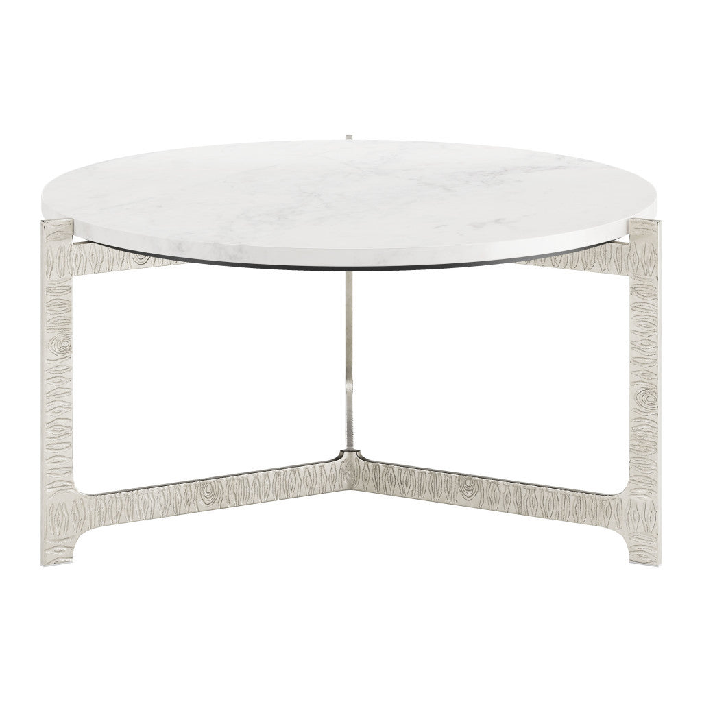 30" White and Silver Genuine Marble and Aluminum Round Cross Legs Coffee Table - Loft&Timber