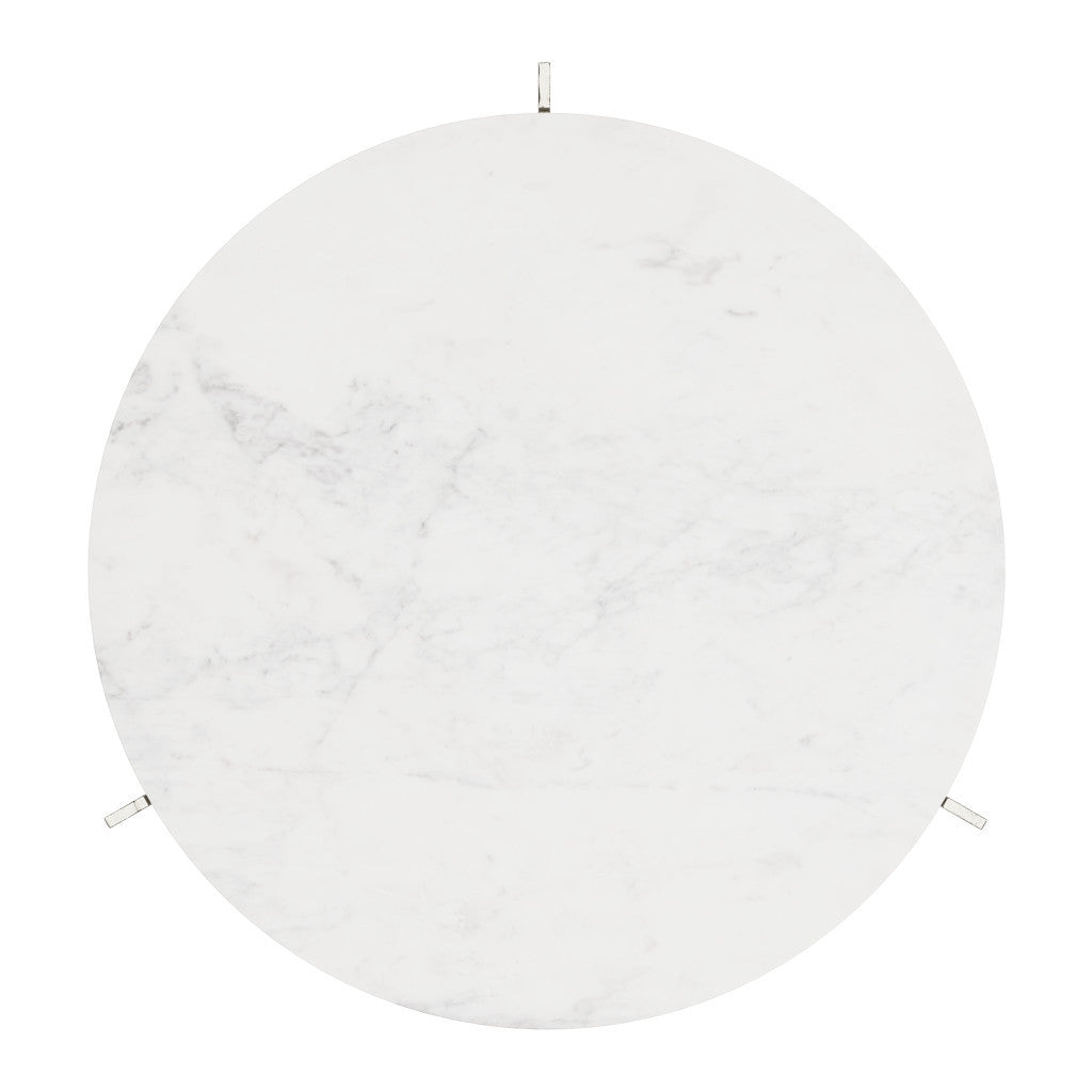 30" White and Silver Genuine Marble and Aluminum Round Cross Legs Coffee Table - Loft&Timber