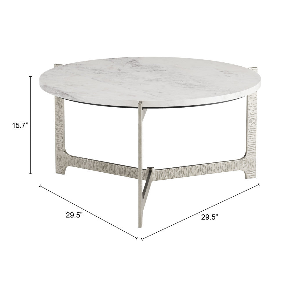 30" White and Silver Genuine Marble and Aluminum Round Cross Legs Coffee Table - Loft&Timber