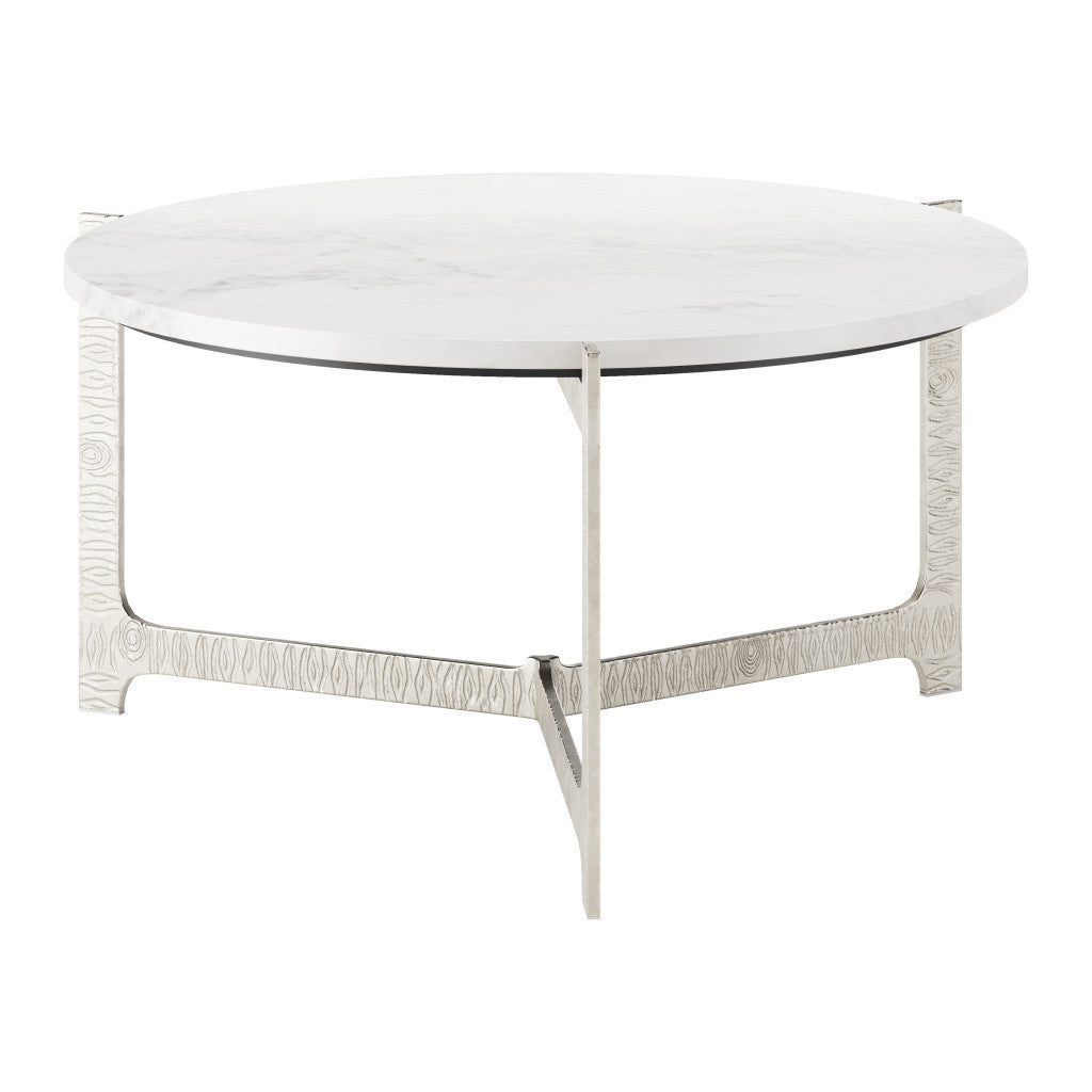 30" White and Silver Genuine Marble and Aluminum Round Cross Legs Coffee Table - Loft&Timber