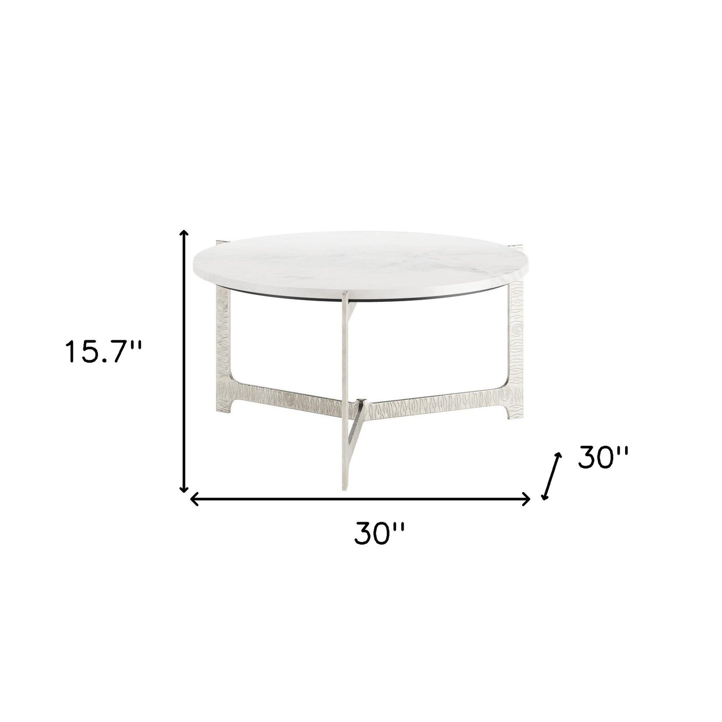 30" White and Silver Genuine Marble and Aluminum Round Cross Legs Coffee Table - Loft&Timber