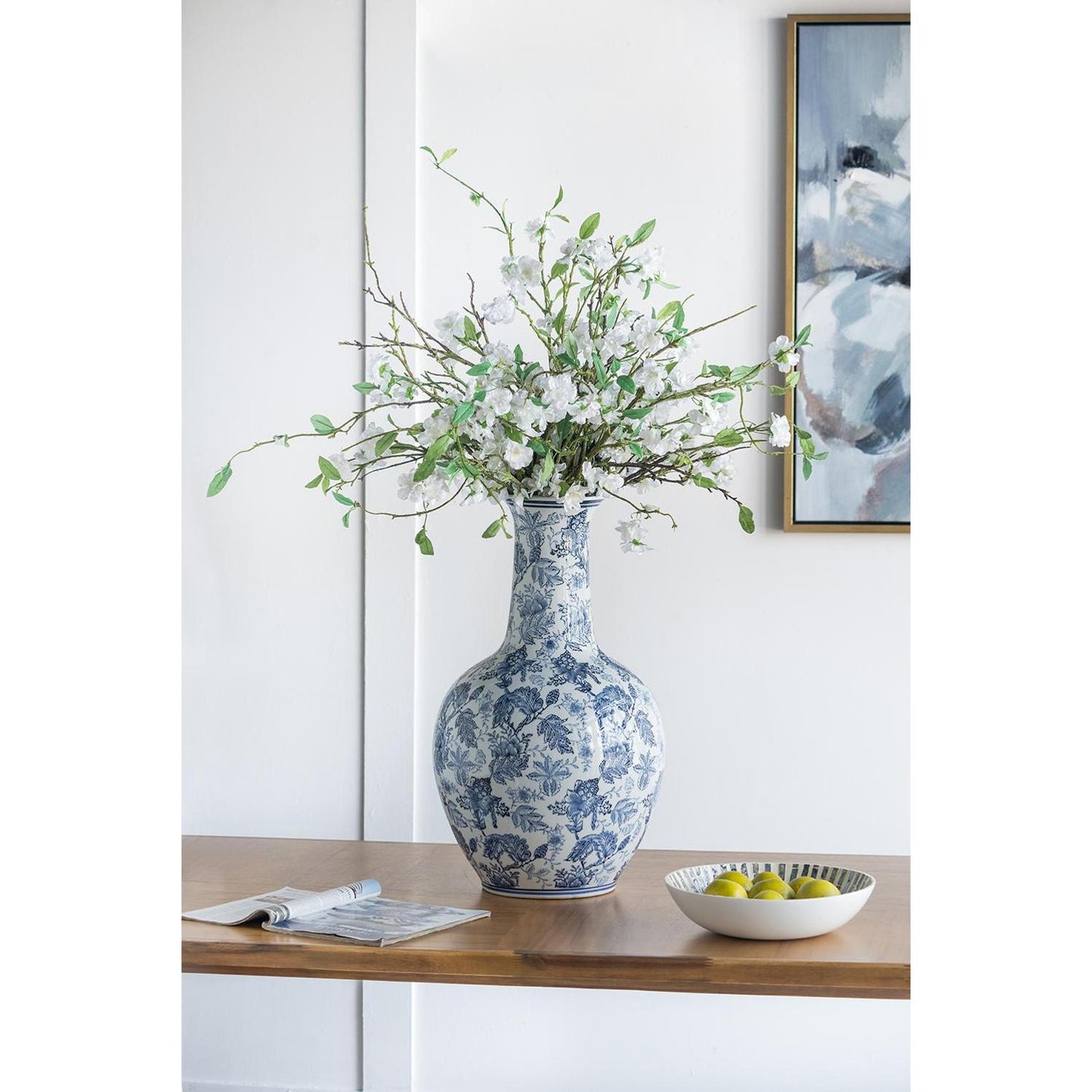 24" Blue And White Floral Curved Porcelain Table Vase - Loft&Timber