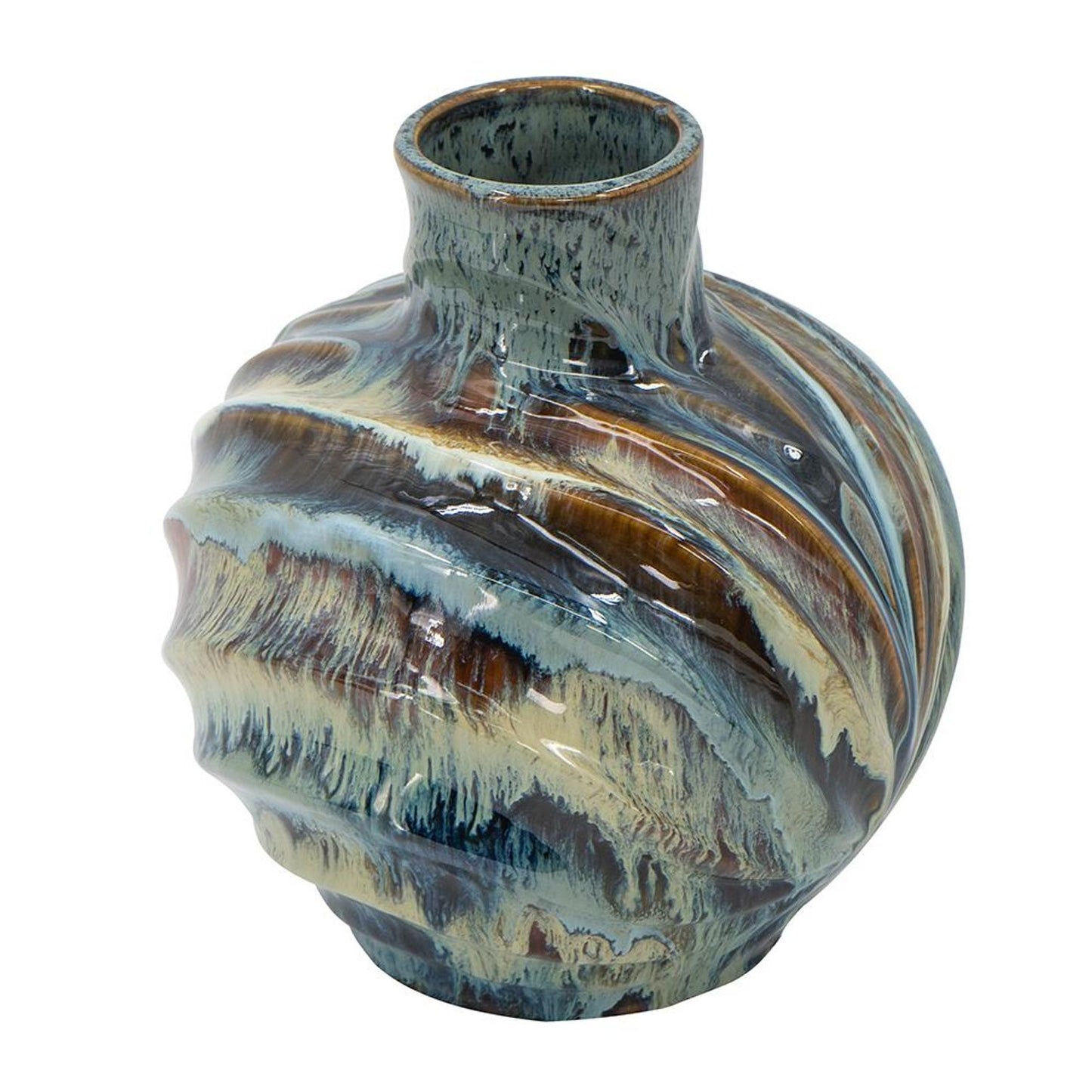 11" Blue Beige And Brown Abstract Wavy Ceramic Table Vase - Loft&Timber