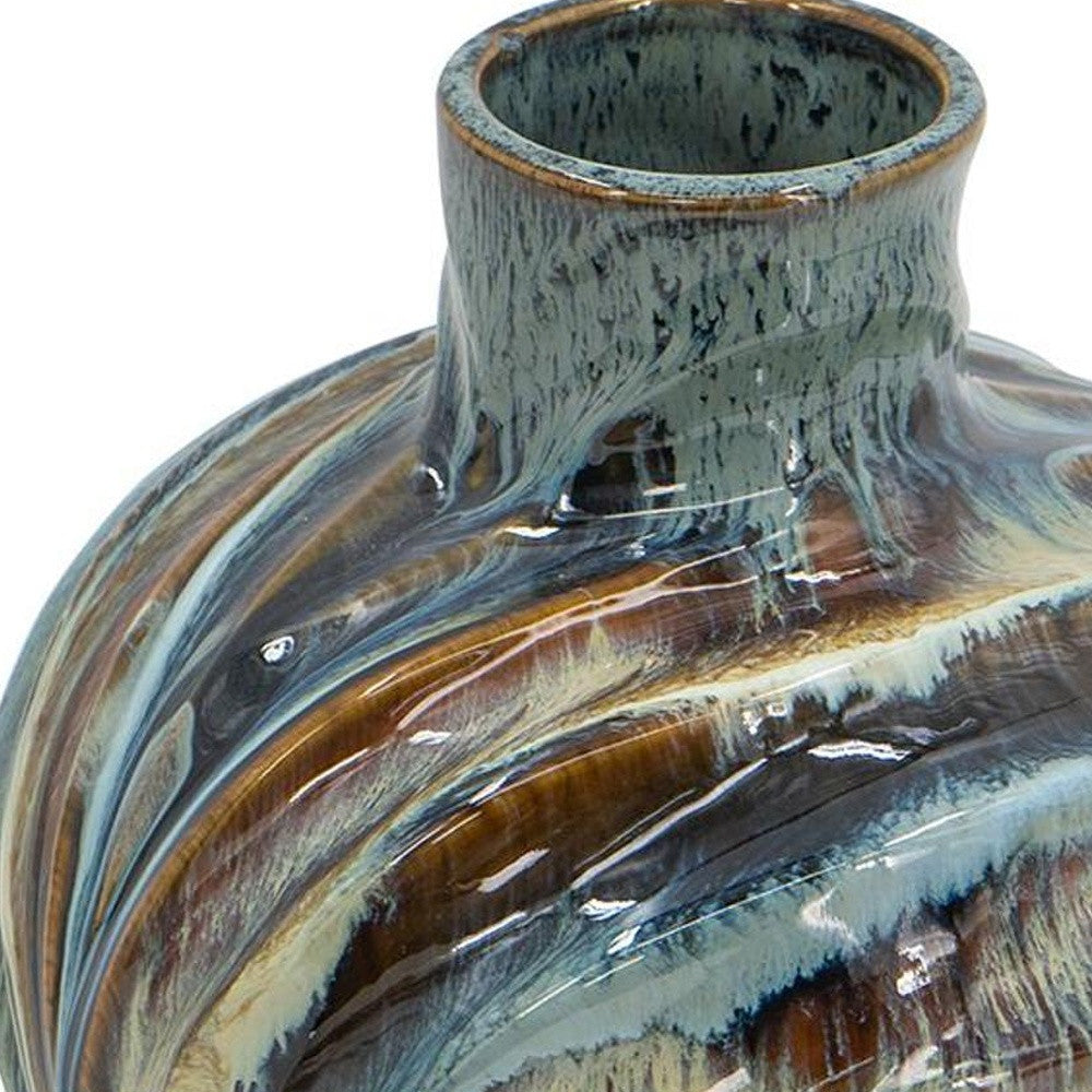 11" Blue Beige And Brown Abstract Wavy Ceramic Table Vase - Loft&Timber