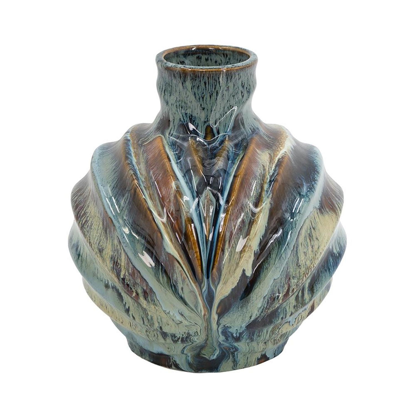 11" Blue Beige And Brown Abstract Wavy Ceramic Table Vase - Loft&Timber