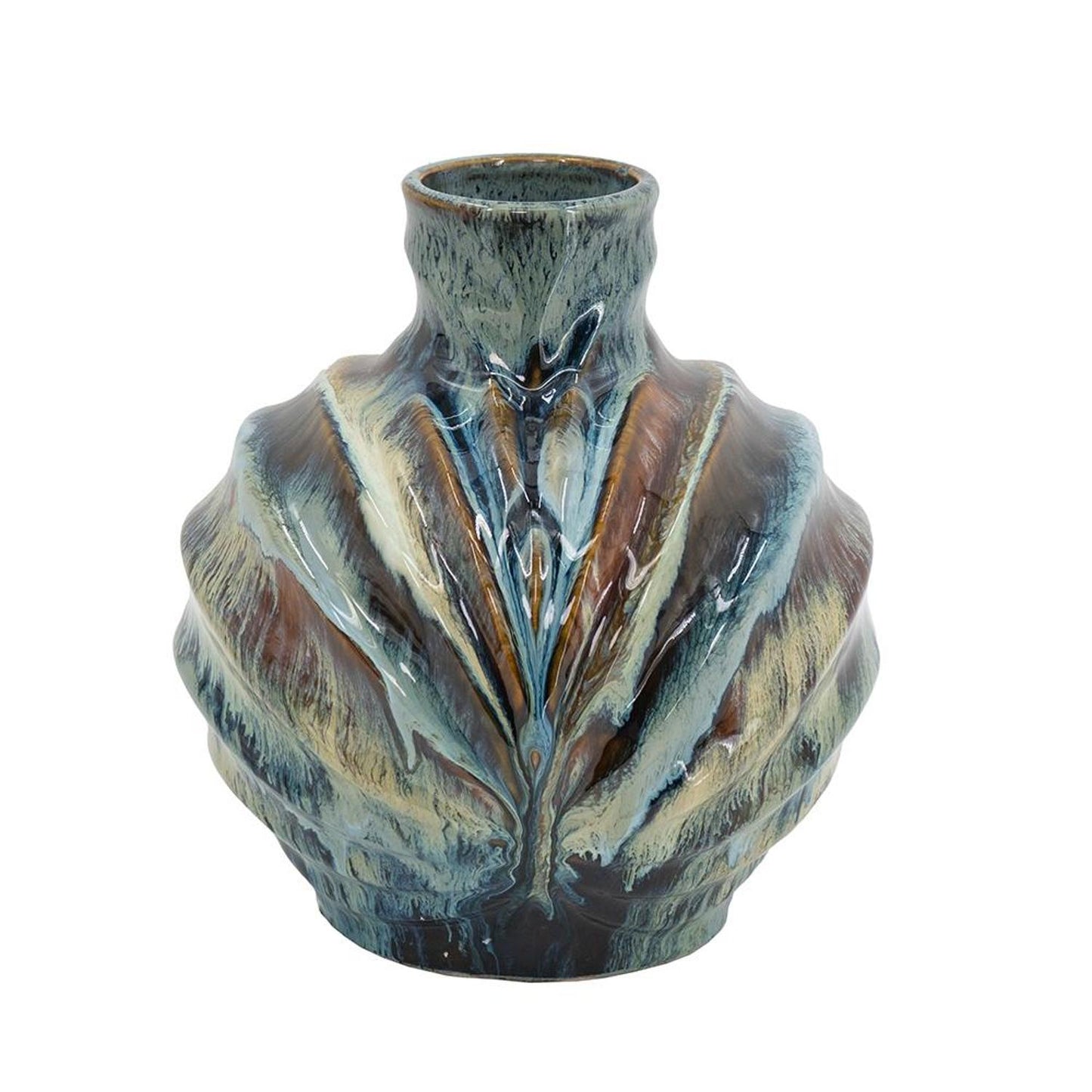 11" Blue Beige And Brown Abstract Wavy Ceramic Table Vase - Loft&Timber