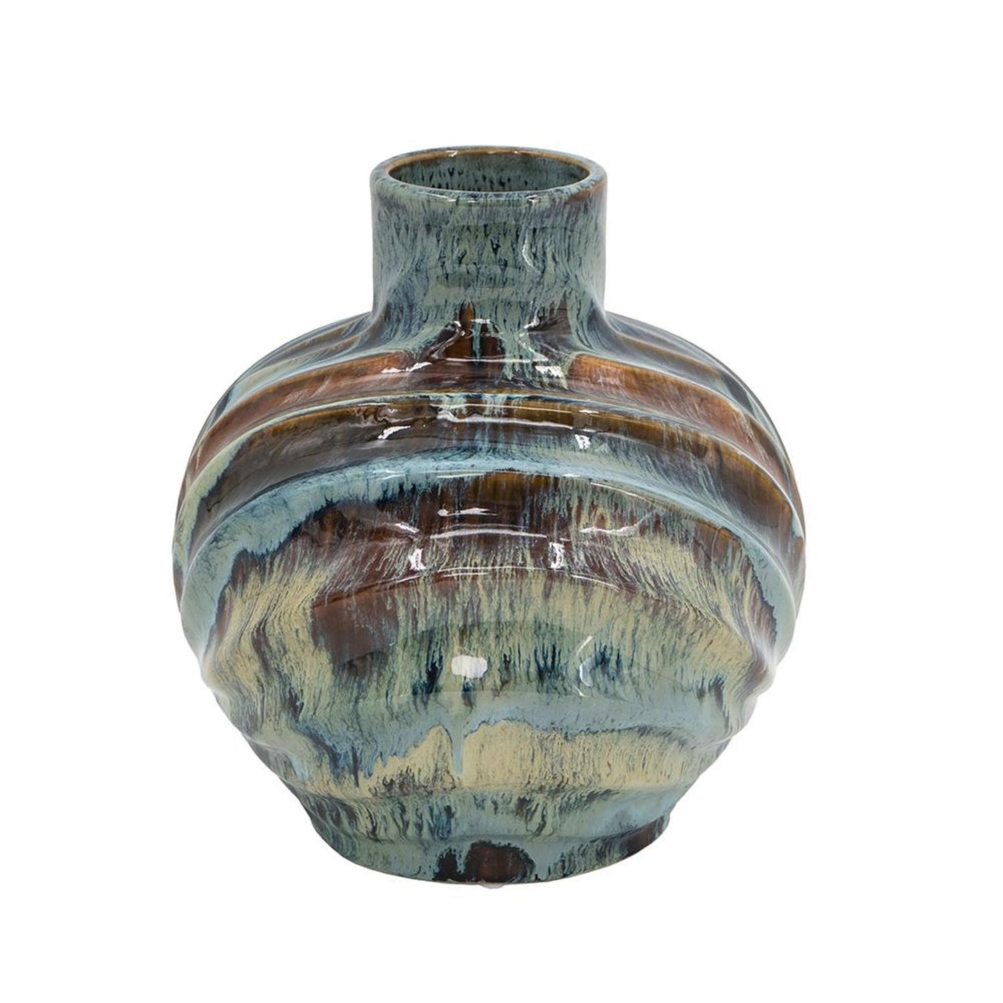 11" Blue Beige And Brown Abstract Wavy Ceramic Table Vase - Loft&Timber