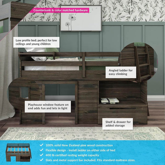 Loft Bed Twin Size, Solid Wood Low Loft Bed with Storage Drawer and Ladder, Modern Farmhouse Loft Bed for Kids, Barnwood Brown - Loft&Timber