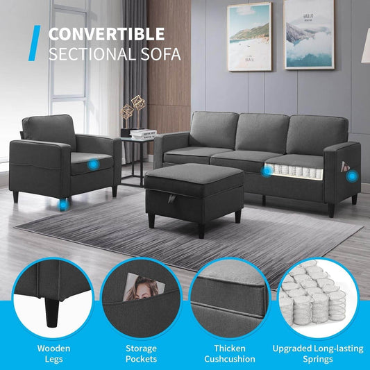 3PCS Convertible Sofa Set, Linen Upholstered Couch Set in Dark Gray - Loft&Timber