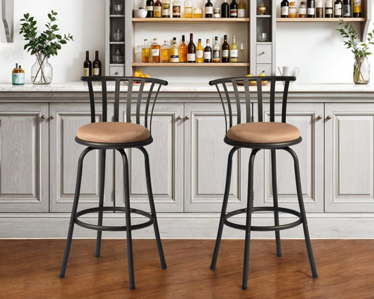 Set of Two 29" Brown and Black Microfiber and Metal Low Back Bar Height Swivel Bar Chairs - Loft&Timber