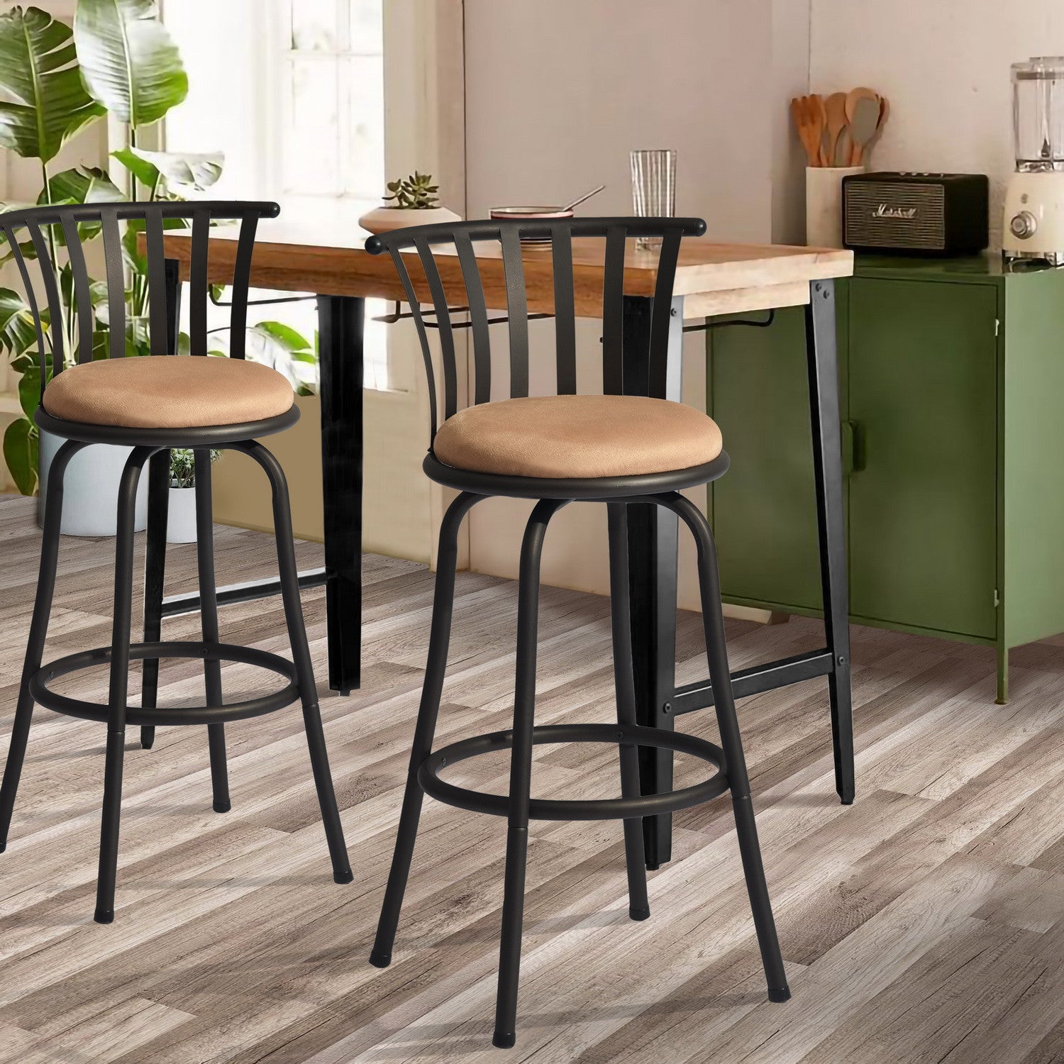 Set of Two 29" Brown and Black Microfiber and Metal Low Back Bar Height Swivel Bar Chairs - Loft&Timber
