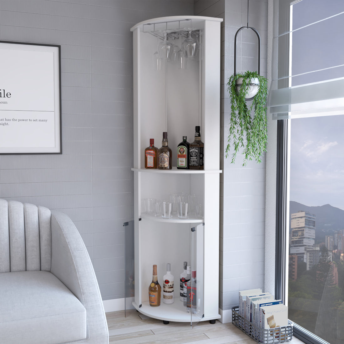 75" White Wood Corner Bar Cabinet With Three Shelves - Loft&Timber