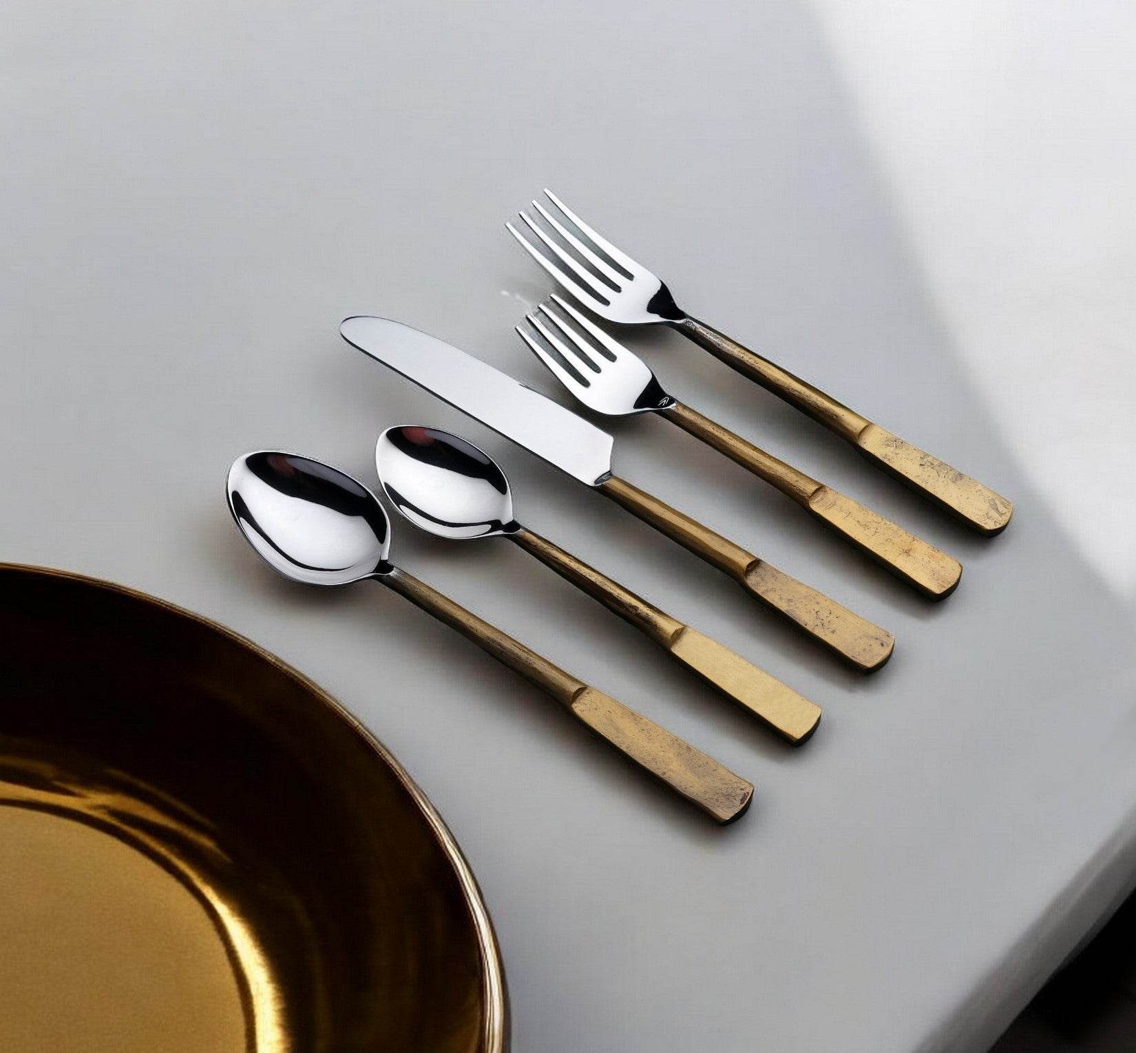 Matte Gold Stainless Steel Twenty Piece Hand Forged Flatware Set - Loft&Timber
