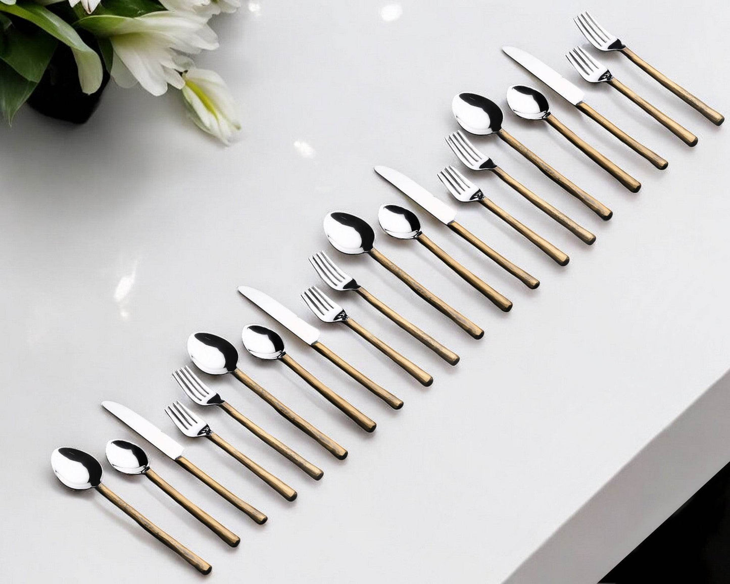 Matte Gold Stainless Steel Twenty Piece Hand Forged Flatware Set - Loft&Timber