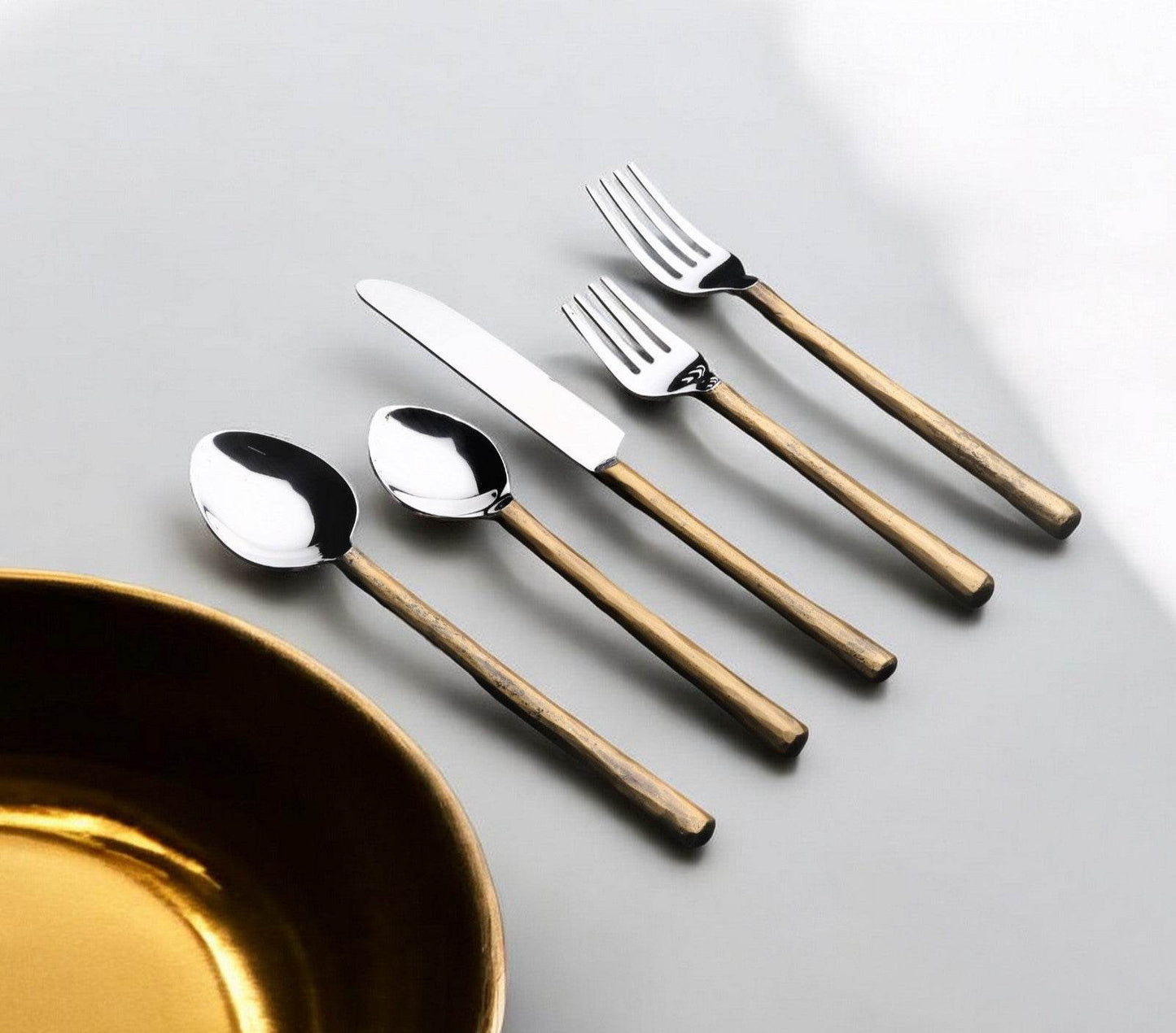 Matte Gold Stainless Steel Twenty Piece Hand Forged Flatware Set - Loft&Timber
