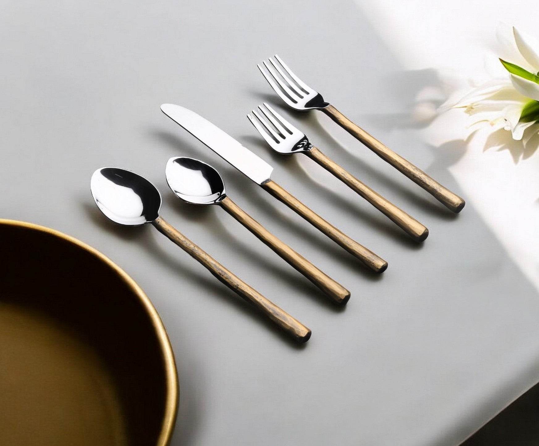 Matte Gold Stainless Steel Five Piece Hand Forged Flatware Set - Loft&Timber