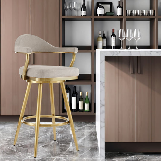 30" Taupe and Gold Fabric and Stainless Steel Bar Height Swivel Bar Chair - Loft&Timber