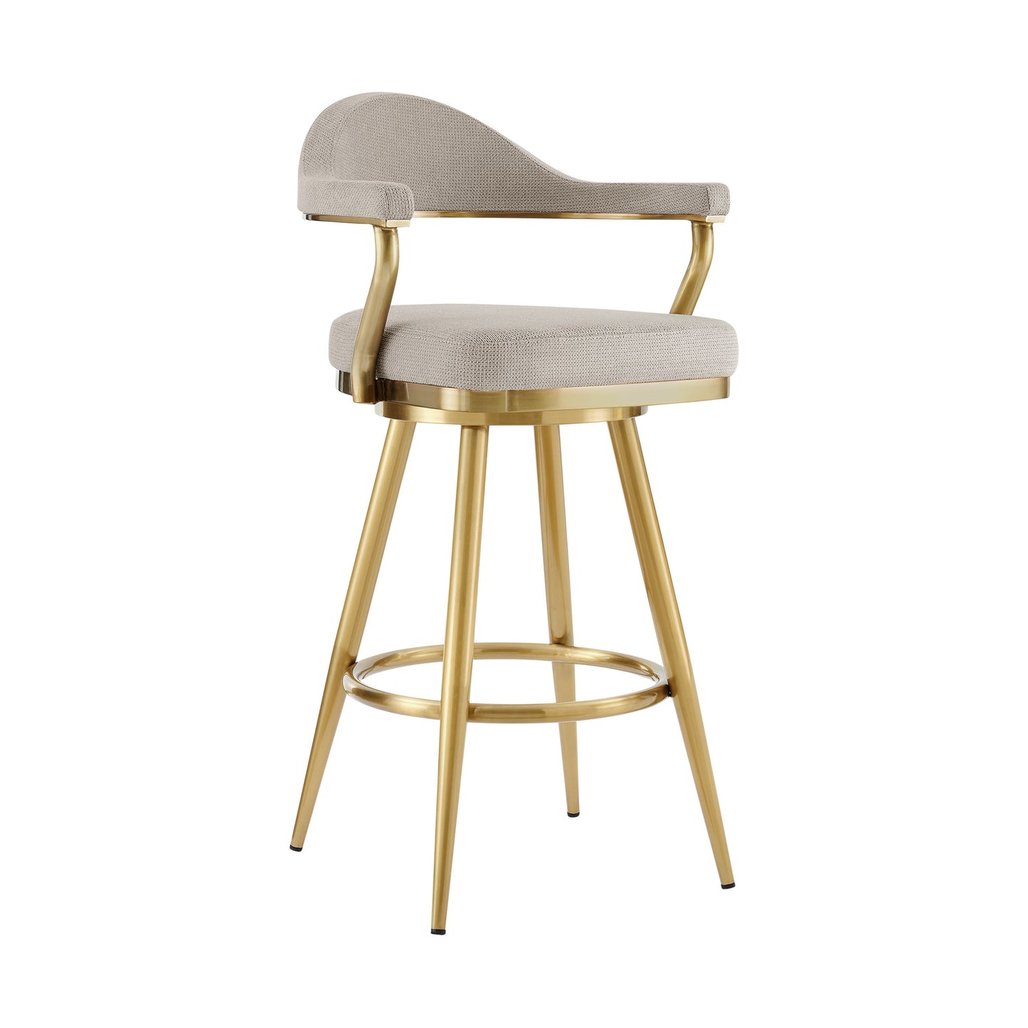 30" Taupe and Gold Fabric and Stainless Steel Bar Height Swivel Bar Chair - Loft&Timber