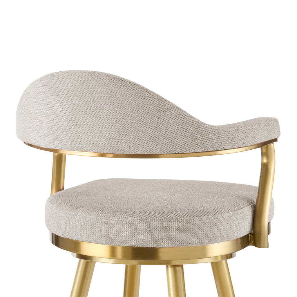 30" Taupe and Gold Fabric and Stainless Steel Bar Height Swivel Bar Chair - Loft&Timber