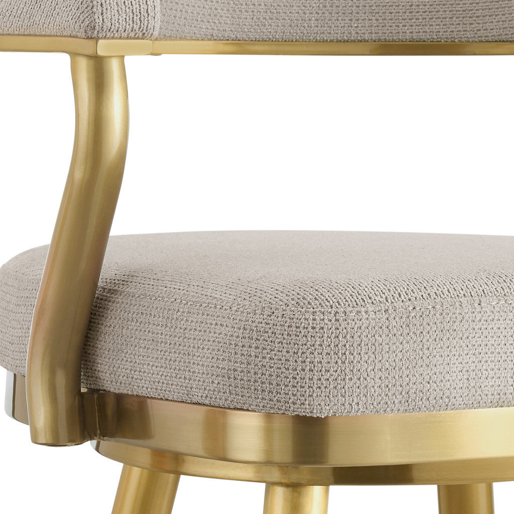 30" Taupe and Gold Fabric and Stainless Steel Bar Height Swivel Bar Chair - Loft&Timber