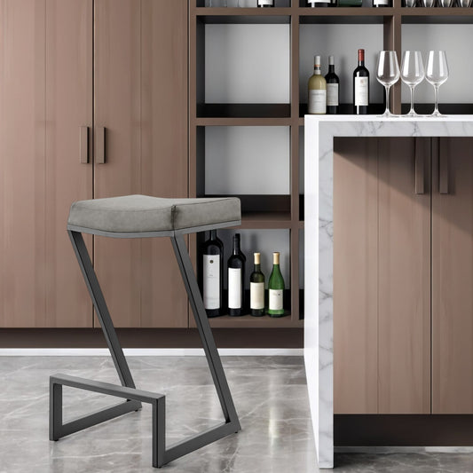 30" Gray and Black Faux Leather and Iron Backless Bar Height Bar Chair - Loft&Timber