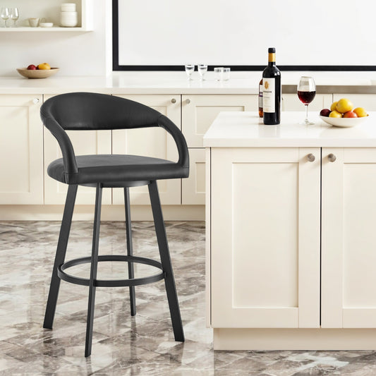 30" Black Faux Leather and Iron Low Back Bar Height Swivel Bar Chair - Loft&Timber