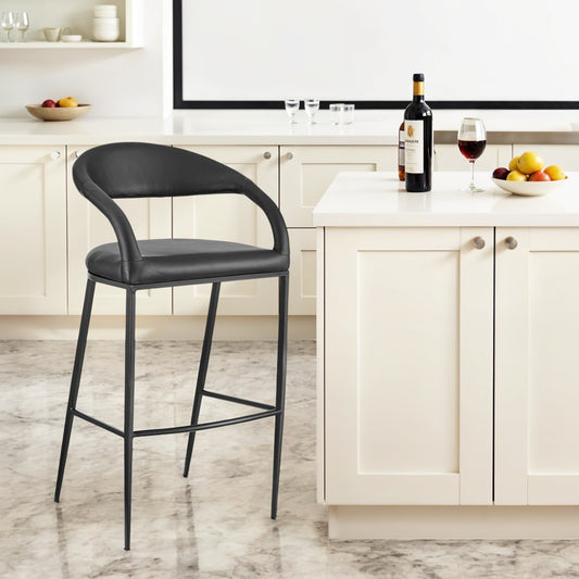 30" Black Faux Leather and Iron Low Back Bar Height Bar Chair - Loft&Timber