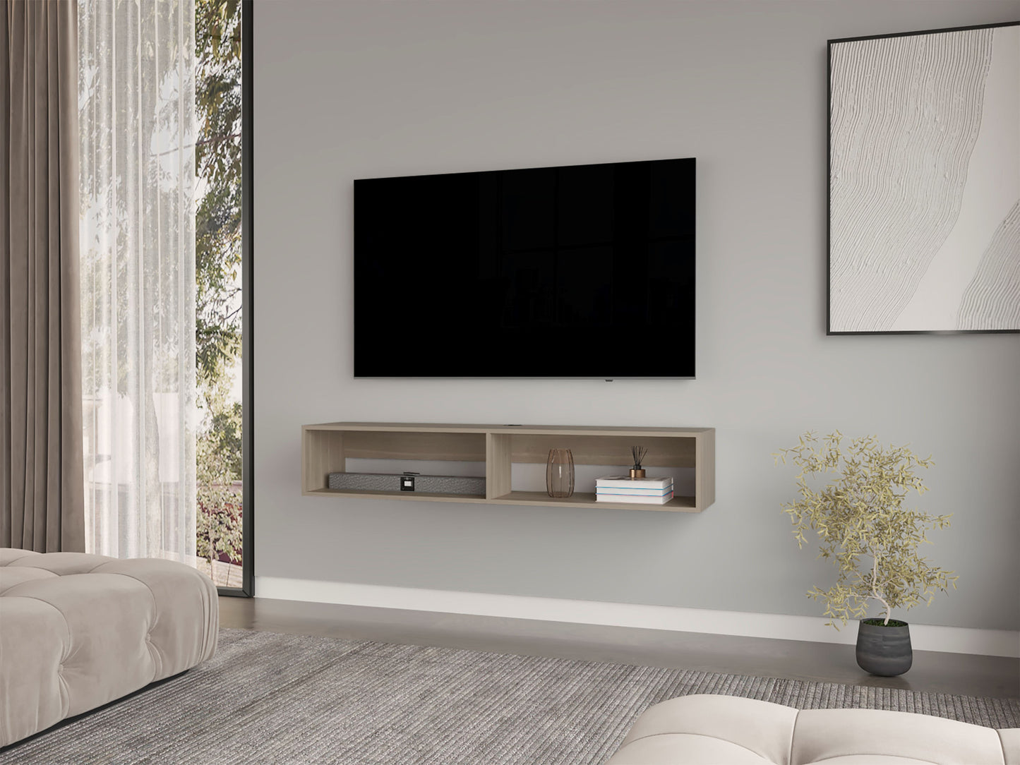 59" Beige Floating Mount TV Stand - Loft&Timber