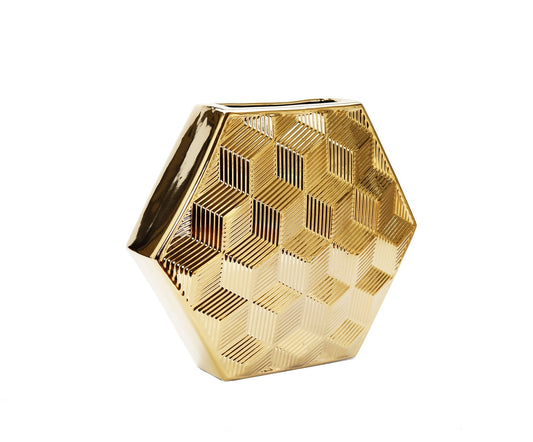 13" Gold Geometric Ceramic Table Vase With Sculptural Details - Loft&Timber