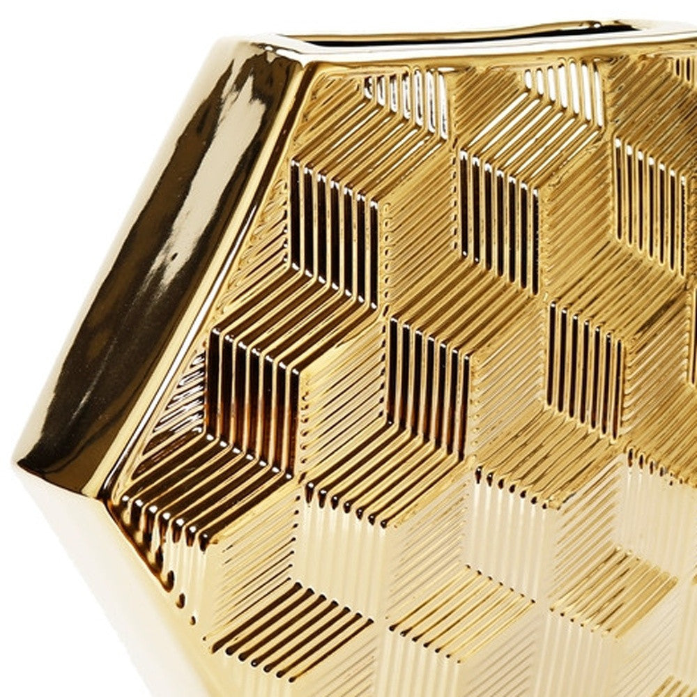 13" Gold Geometric Ceramic Table Vase With Sculptural Details - Loft&Timber