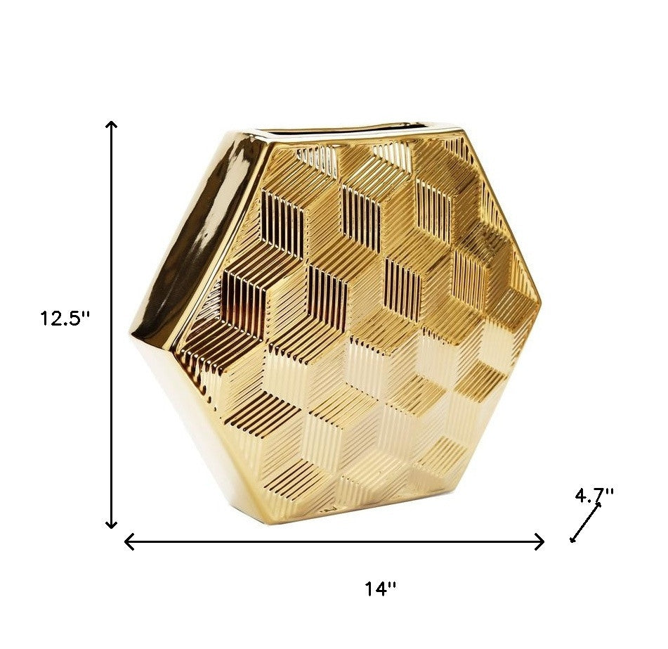 13" Gold Geometric Ceramic Table Vase With Sculptural Details - Loft&Timber