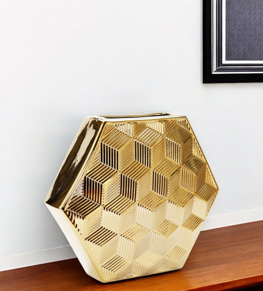 13" Gold Geometric Ceramic Table Vase With Sculptural Details - Loft&Timber