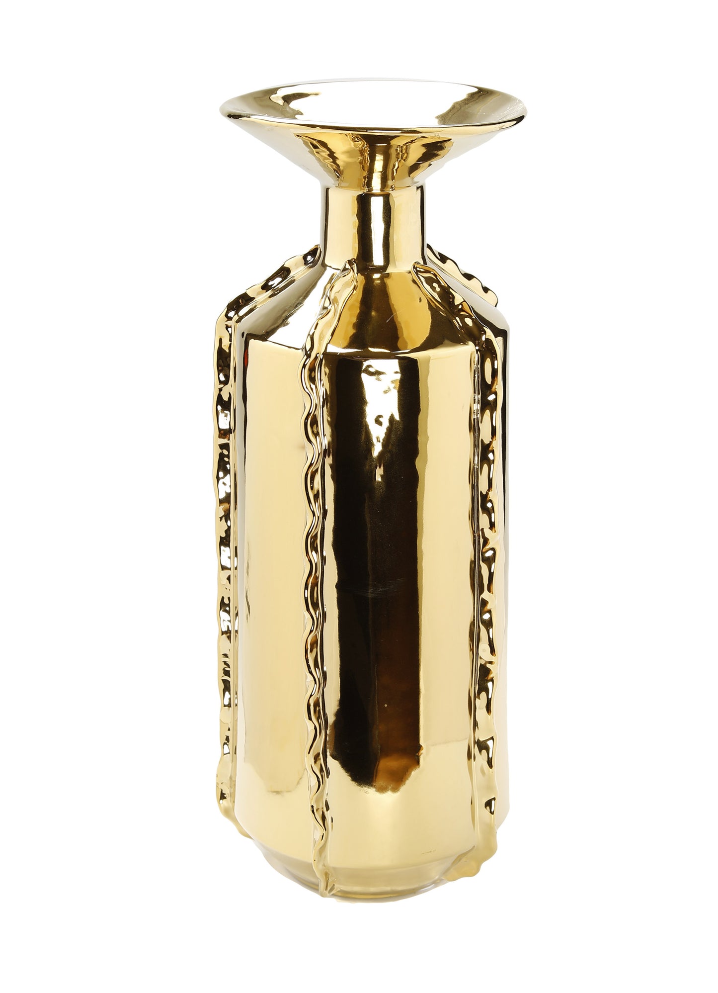 21" Gold Trumpet Ceramic Table Vase With Sculptural Details - Loft&Timber