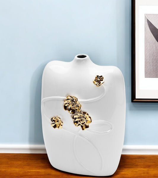 14" White Floral Ceramic Table Vase With Sculptural Details - Loft&Timber