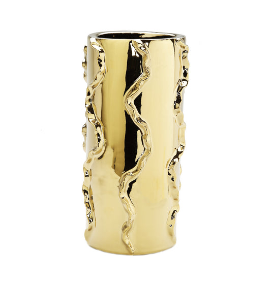 12" Gold Cylinder Ceramic Table Vase With Sculptural Details - Loft&Timber