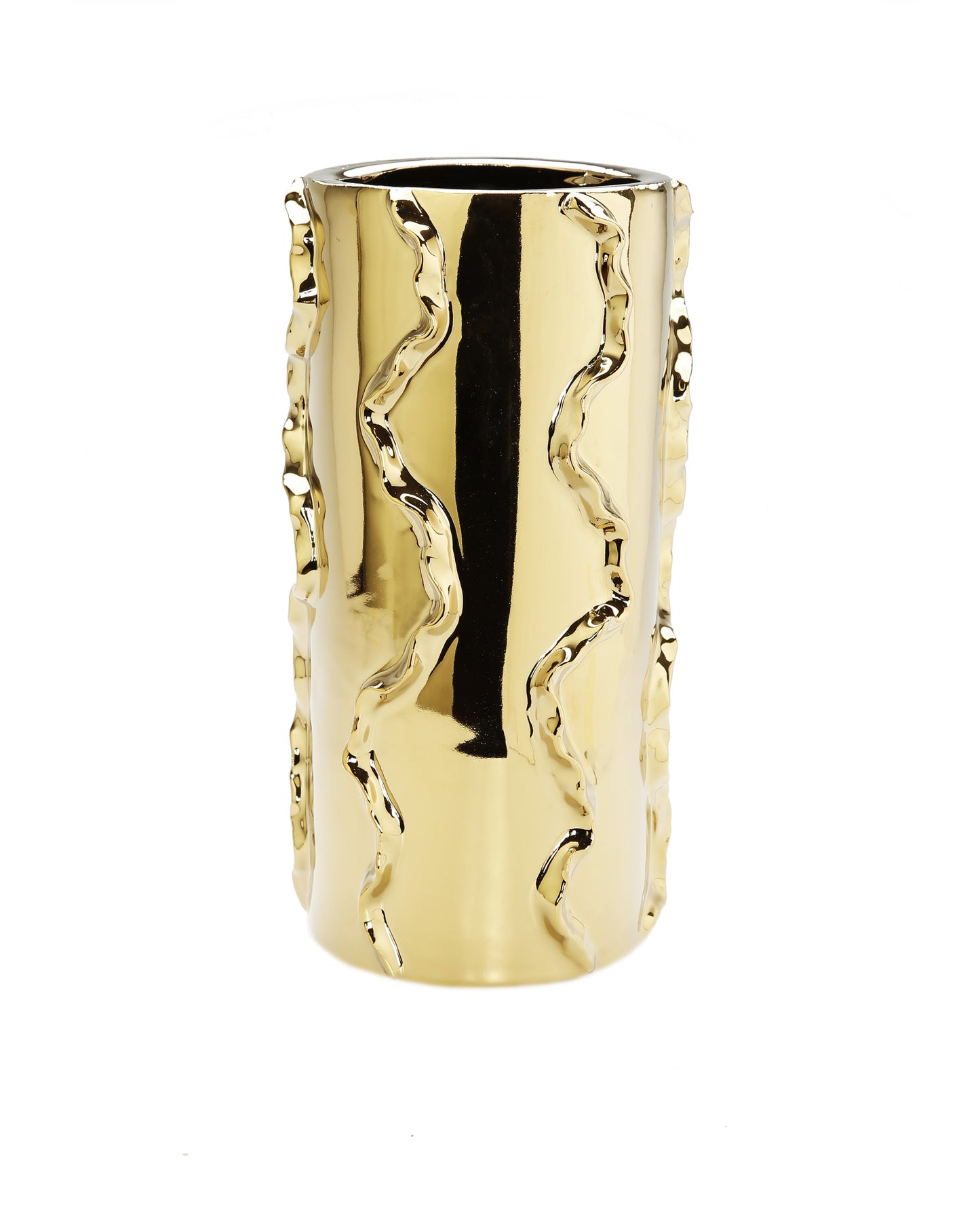 12" Gold Cylinder Ceramic Table Vase With Sculptural Details - Loft&Timber